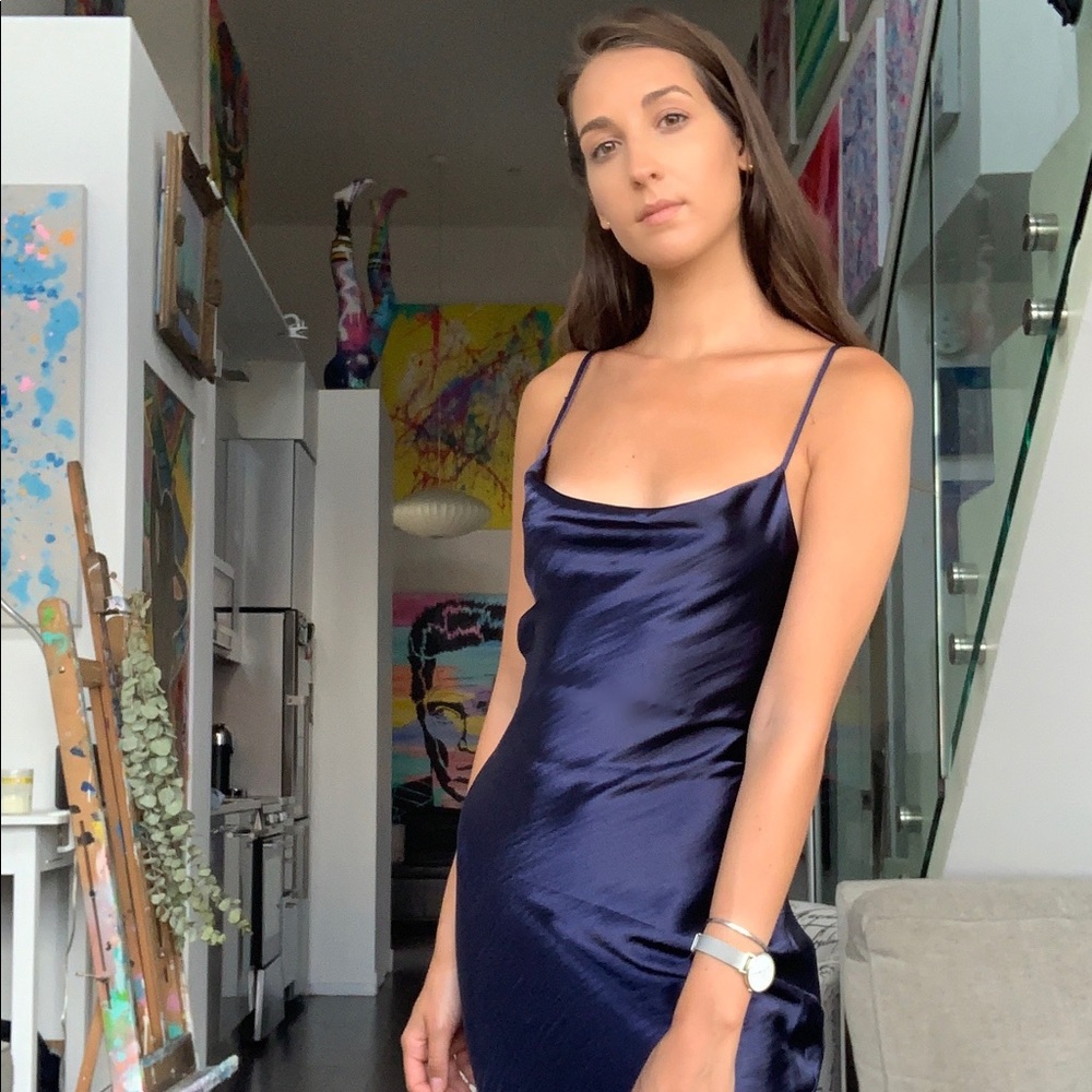 ASOS DESIGN Satin Midi Slip Dress Navy Laceup Back